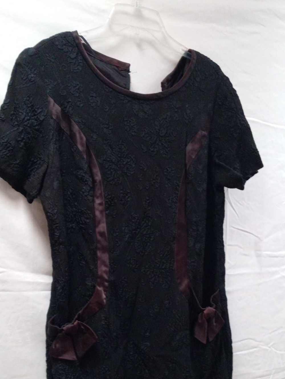 Vintage 60s 70s ILGWU Black Lace Shift Dress Ribbon Trim Bow Pockets